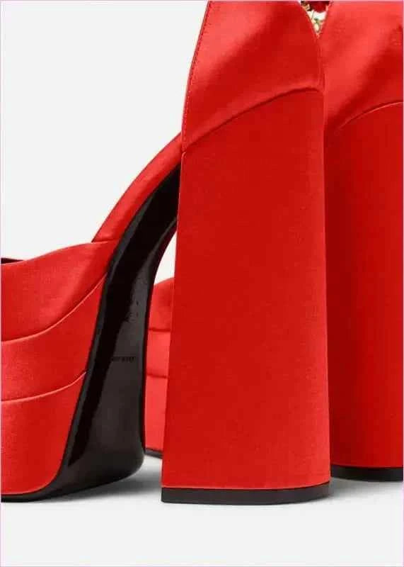 Square Toe Platform Satin Fabric Unisex Rhinestone High Heels - Pleasures and Sins