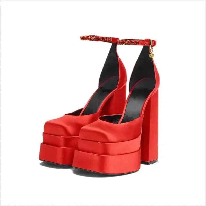 Square Toe Platform Satin Fabric Unisex Rhinestone High Heels - Pleasures and Sins