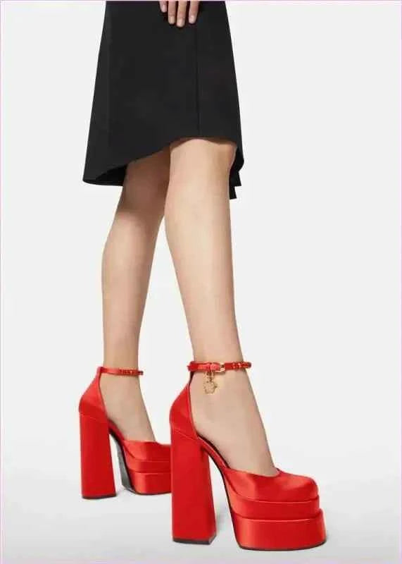 Square Toe Platform Satin Fabric Unisex Rhinestone High Heels - Pleasures and Sins