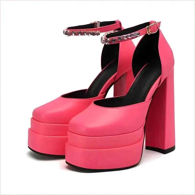 Square Toe Platform Satin Fabric Unisex Rhinestone High Heels - Pleasures and Sins