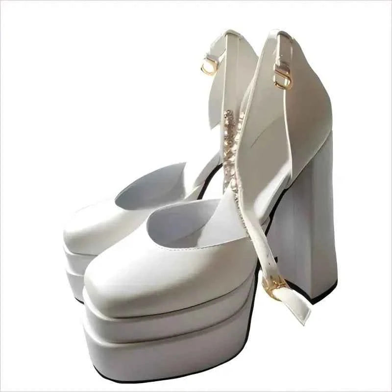 Square Toe Platform Satin Fabric Unisex Rhinestone High Heels - Pleasures and Sins