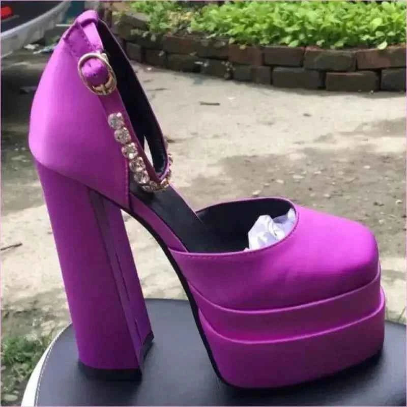 Square Toe Platform Satin Fabric Unisex Rhinestone High Heels - Pleasures and Sins