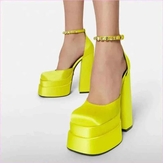 Square Toe Platform Satin Fabric Unisex Rhinestone High Heels - Pleasures and Sins