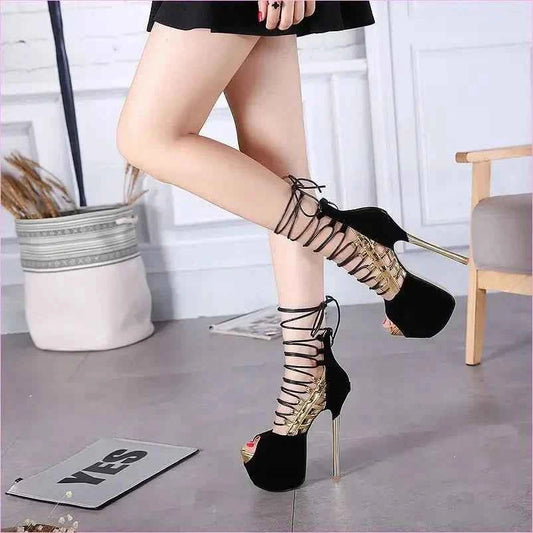 Strappy High 16cm Stiletto Heel Peep Toe Platform Sandals - Pleasures and Sins