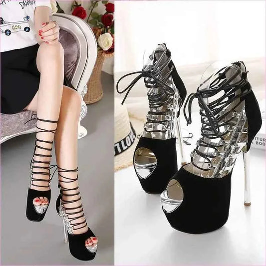 Strappy High 16cm Stiletto Heel Peep Toe Platform Sandals - Pleasures and Sins