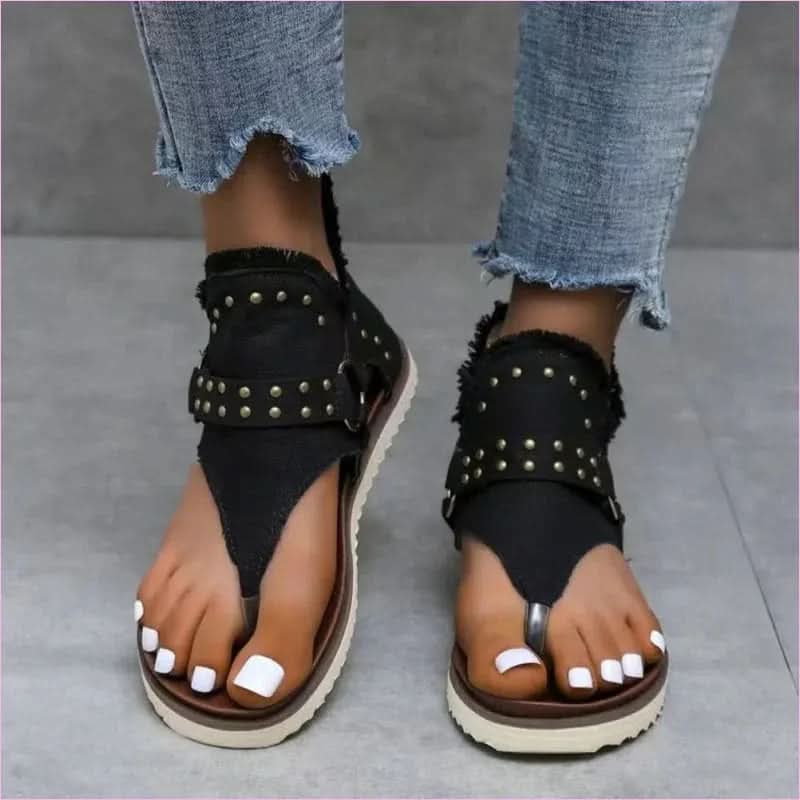Studded Raw Hem Denim Flat Open Toe Summer Sandals - Pleasures and Sins