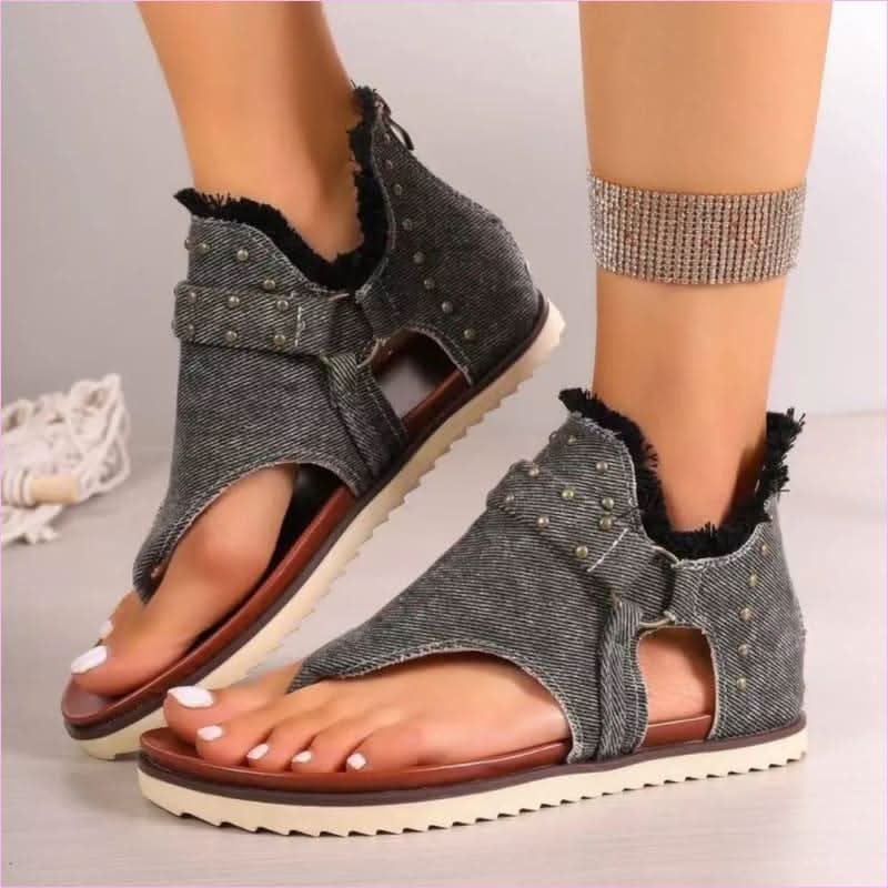 Studded Raw Hem Denim Flat Open Toe Summer Sandals - Pleasures and Sins