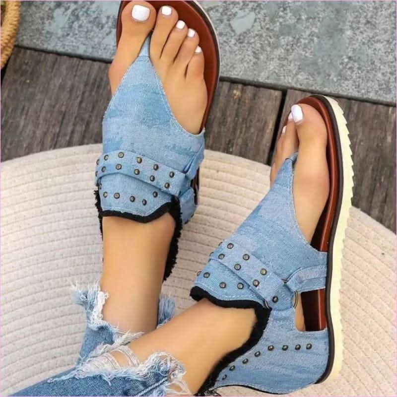 Studded Raw Hem Denim Flat Open Toe Summer Sandals - Pleasures and Sins