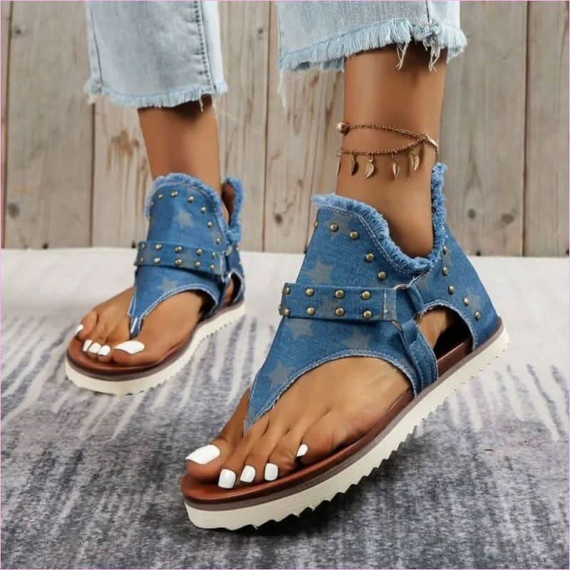 Studded Raw Hem Denim Flat Open Toe Summer Sandals - Pleasures and Sins