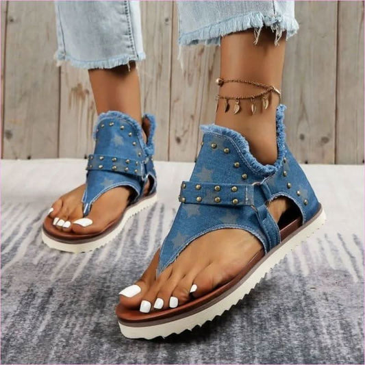 Studded Raw Hem Denim Flat Open Toe Summer Sandals - Pleasures and Sins