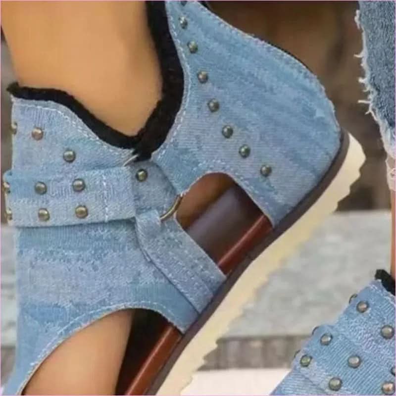 Studded Raw Hem Denim Flat Open Toe Summer Sandals - Pleasures and Sins