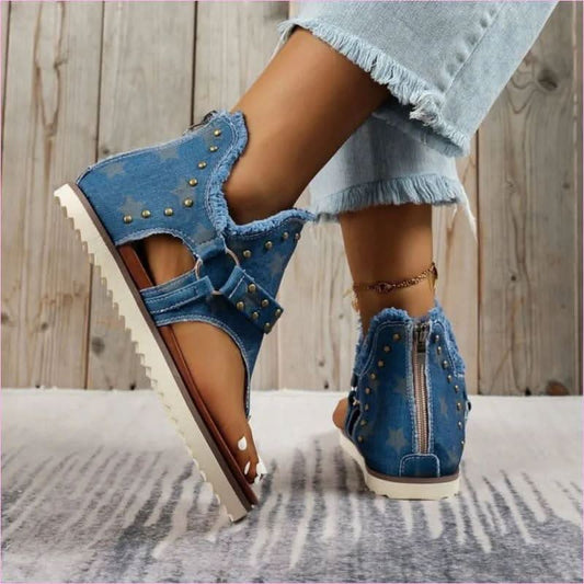 Studded Raw Hem Denim Flat Open Toe Summer Sandals - Pleasures and Sins