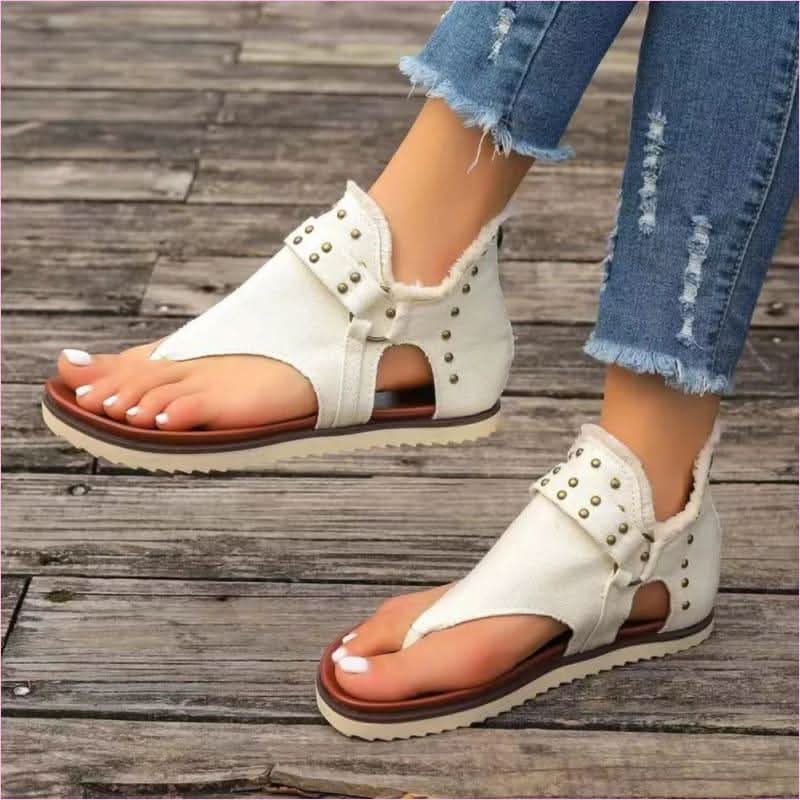 Studded Raw Hem Denim Flat Open Toe Summer Sandals - Pleasures and Sins