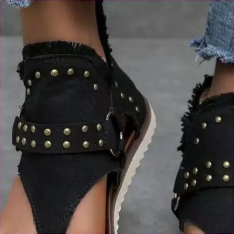 Studded Raw Hem Denim Flat Open Toe Summer Sandals - Pleasures and Sins