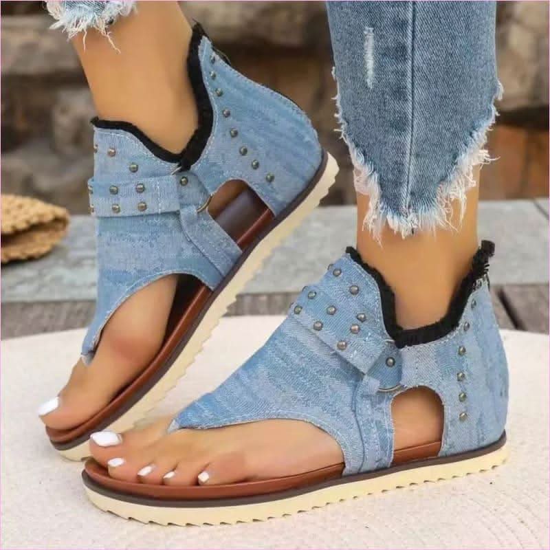 Studded Raw Hem Denim Flat Open Toe Summer Sandals - Pleasures and Sins