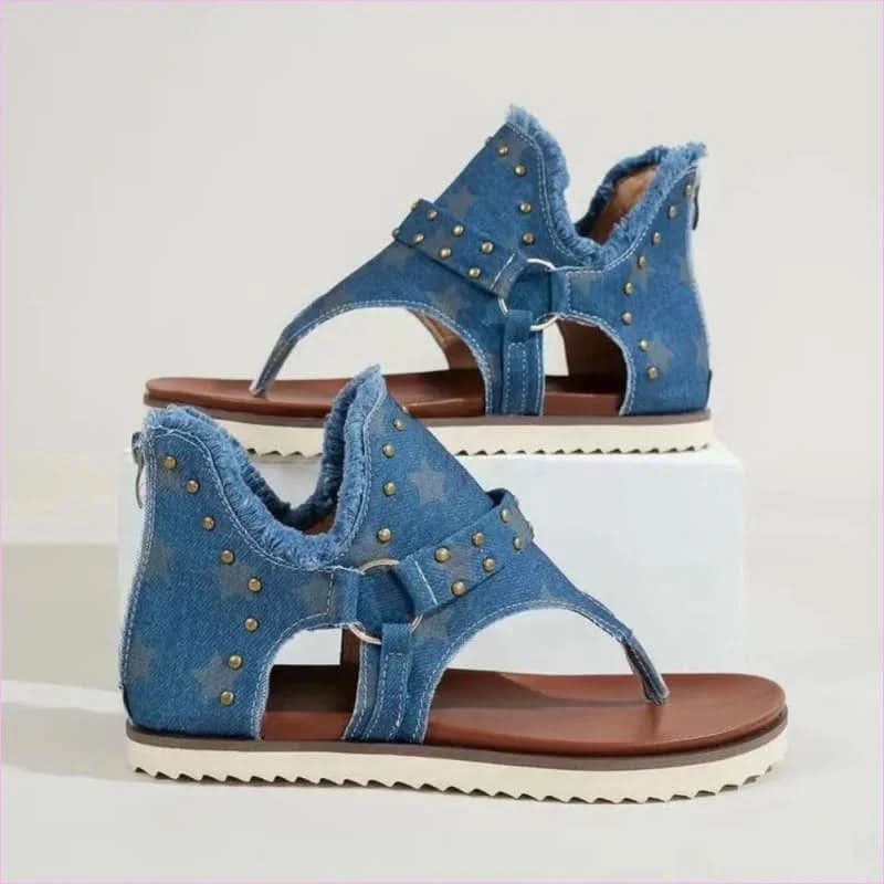 Studded Raw Hem Denim Flat Open Toe Summer Sandals - Pleasures and Sins