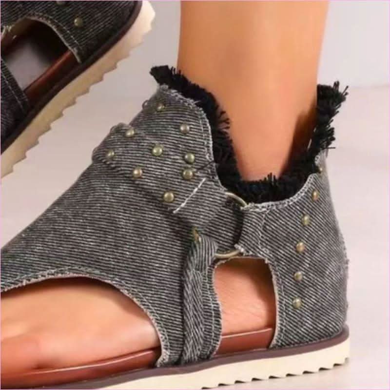 Studded Raw Hem Denim Flat Open Toe Summer Sandals - Pleasures and Sins