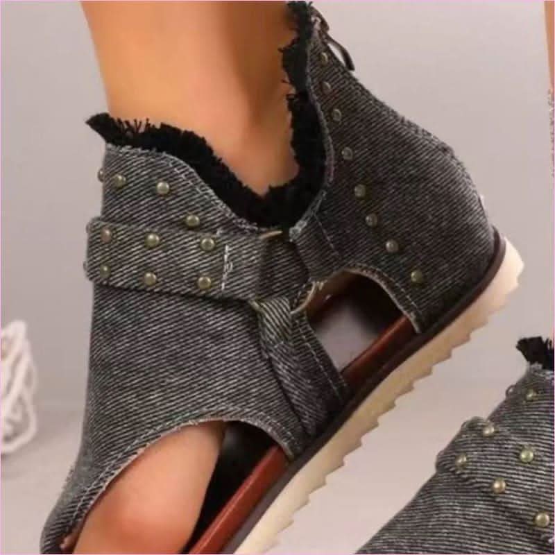Studded Raw Hem Denim Flat Open Toe Summer Sandals - Pleasures and Sins