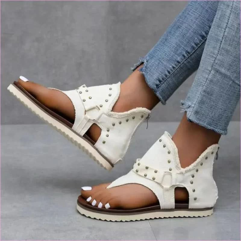 Studded Raw Hem Denim Flat Open Toe Summer Sandals - Pleasures and Sins