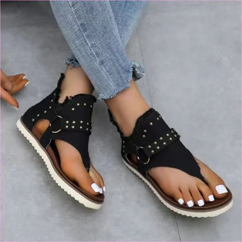 Studded Raw Hem Denim Flat Open Toe Summer Sandals - Pleasures and Sins
