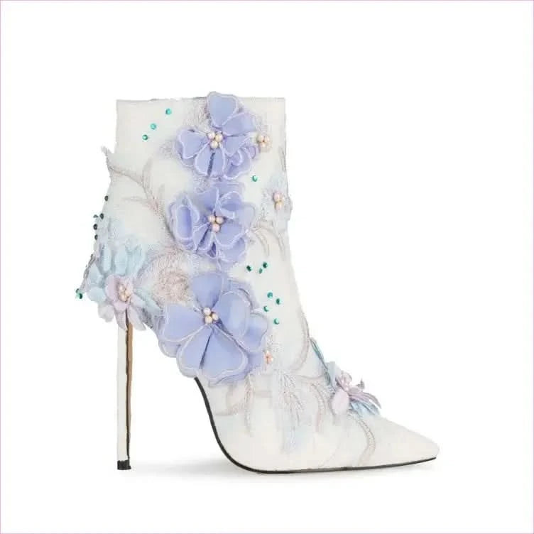 Stunning Lace Floral Bridal Booties with Lavender Appliqués and Beading - Pleasures and Sins