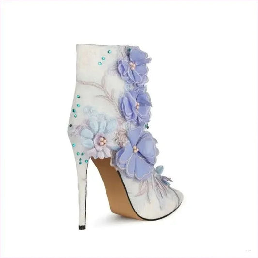 Stunning Lace Floral Bridal Booties with Lavender Appliqués and Beading - Pleasures and Sins