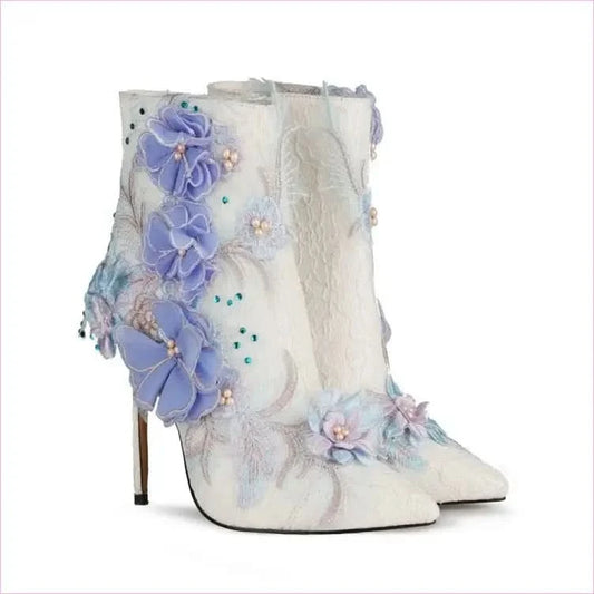 Stunning Lace Floral Bridal Booties with Lavender Appliqués and Beading - Pleasures and Sins