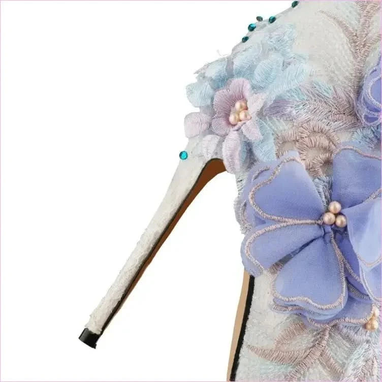 Stunning Lace Floral Bridal Booties with Lavender Appliqués and Beading - Pleasures and Sins