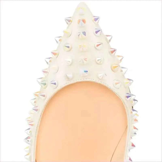 Stunning Spike Rivet Wedding Heels in White with Metallic Accents - Pleasures and Sins