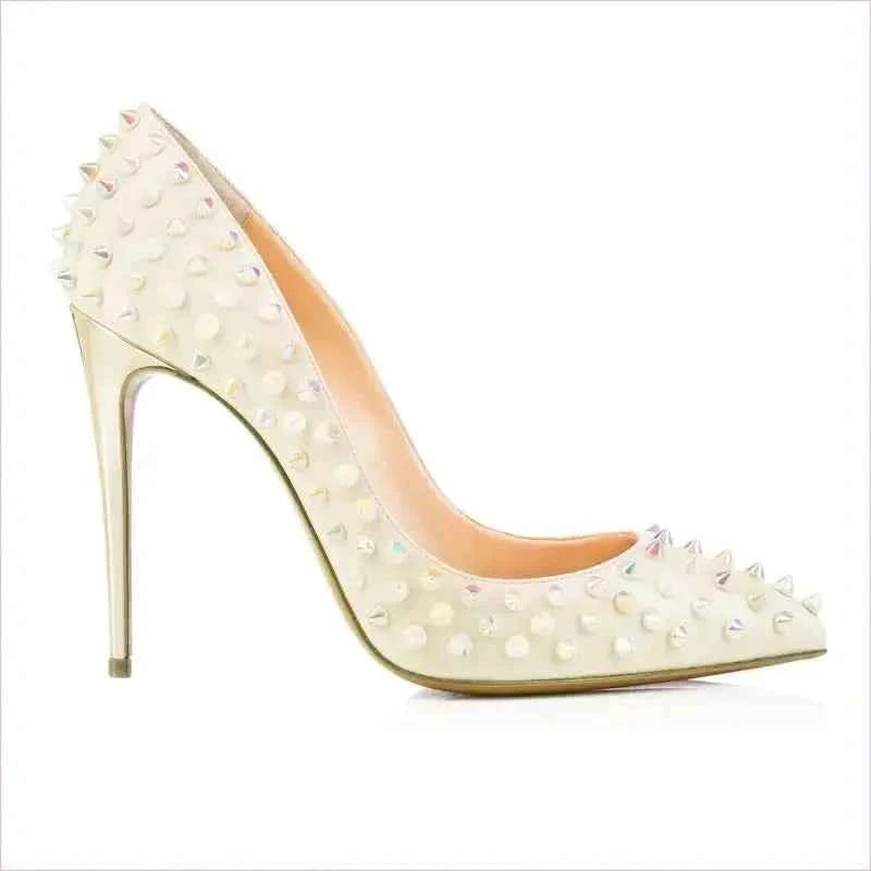 Stunning Spike Rivet Wedding Heels in White with Metallic Accents - Pleasures and Sins