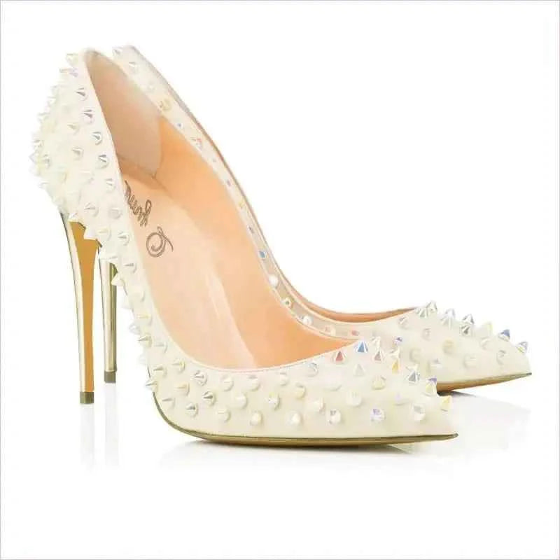 Stunning Spike Rivet Wedding Heels in White with Metallic Accents - Pleasures and Sins