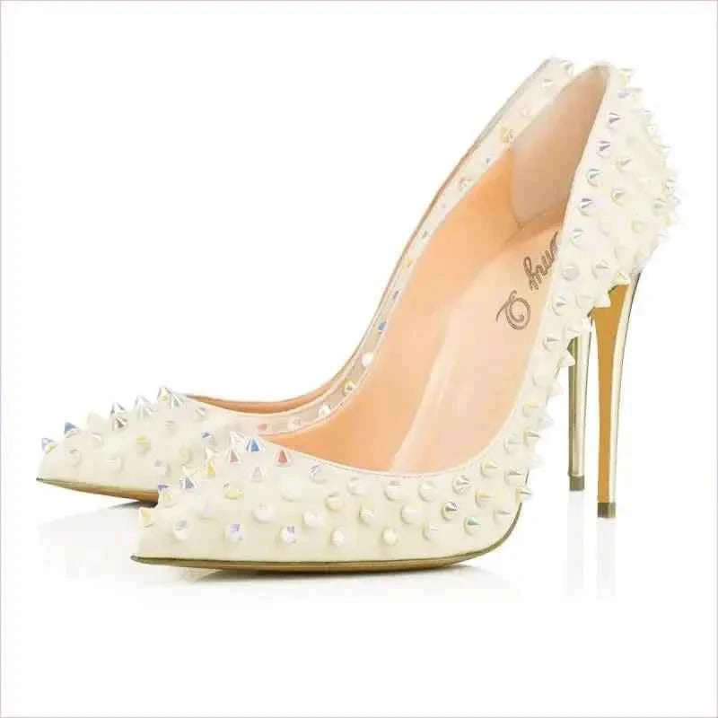 Stunning Spike Rivet Wedding Heels in White with Metallic Accents - Pleasures and Sins