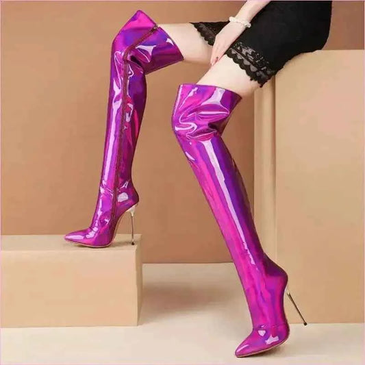 Stunning Unisex Shiny Pearlescent Pointed Toe Ladies Thigh Boots - Pleasures and Sins