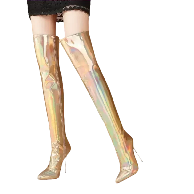 Stunning Unisex Shiny Pearlescent Pointed Toe Ladies Thigh Boots - Pleasures and Sins