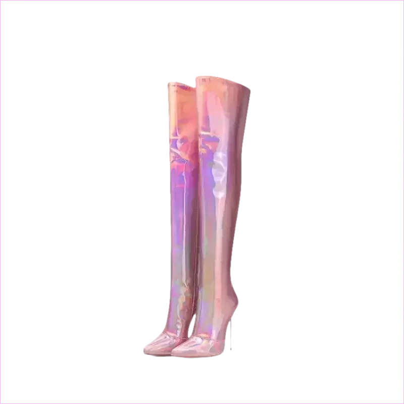 Stunning Unisex Shiny Pearlescent Pointed Toe Ladies Thigh Boots - Pleasures and Sins