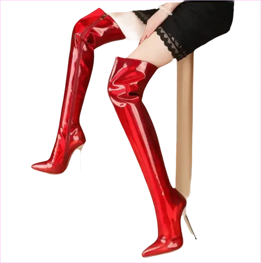 Stunning Unisex Shiny Pearlescent Pointed Toe Ladies Thigh Boots - Pleasures and Sins