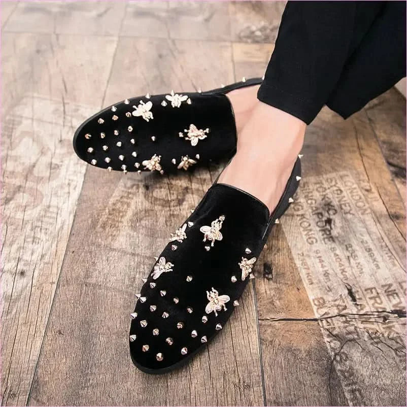 Stylish Bee Encrusted Velour Casual Studded Loafers for Men - Pleasures and Sins
