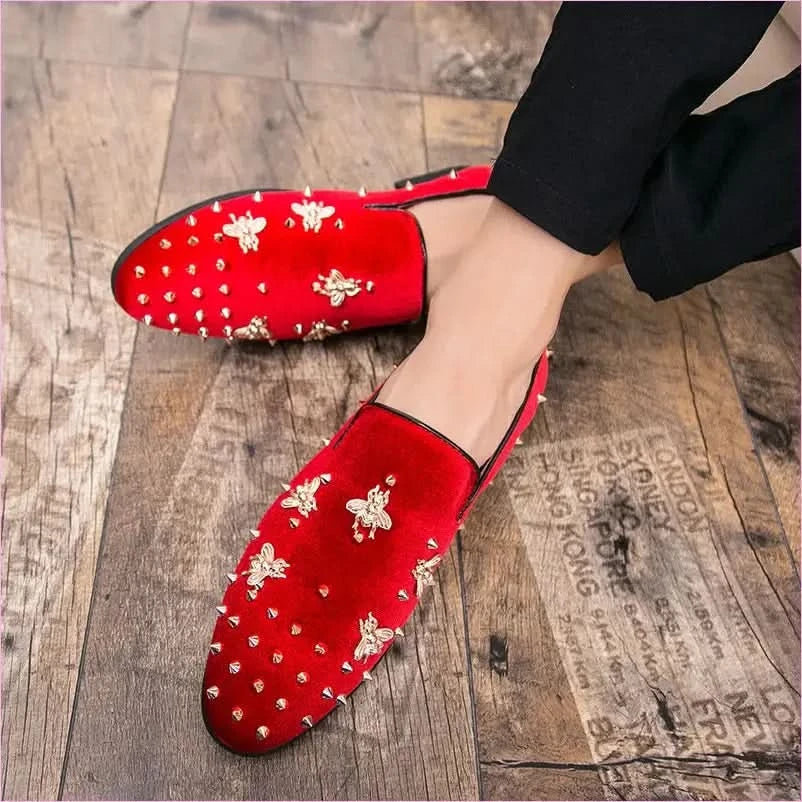 Stylish Bee Encrusted Velour Casual Studded Loafers for Men - Pleasures and Sins