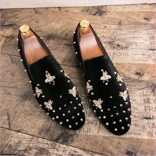 Stylish Bee Encrusted Velour Casual Studded Loafers for Men - Pleasures and Sins