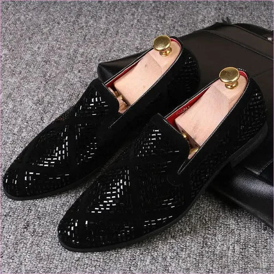 Stylish Black Velvet Loafers with Geometric Cutouts and Gold Accents - Pleasures and Sins