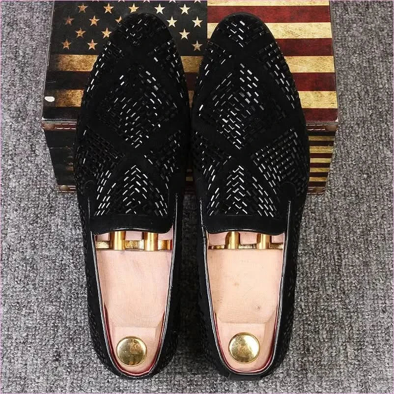 Stylish Black Velvet Loafers with Geometric Cutouts and Gold Accents - Pleasures and Sins
