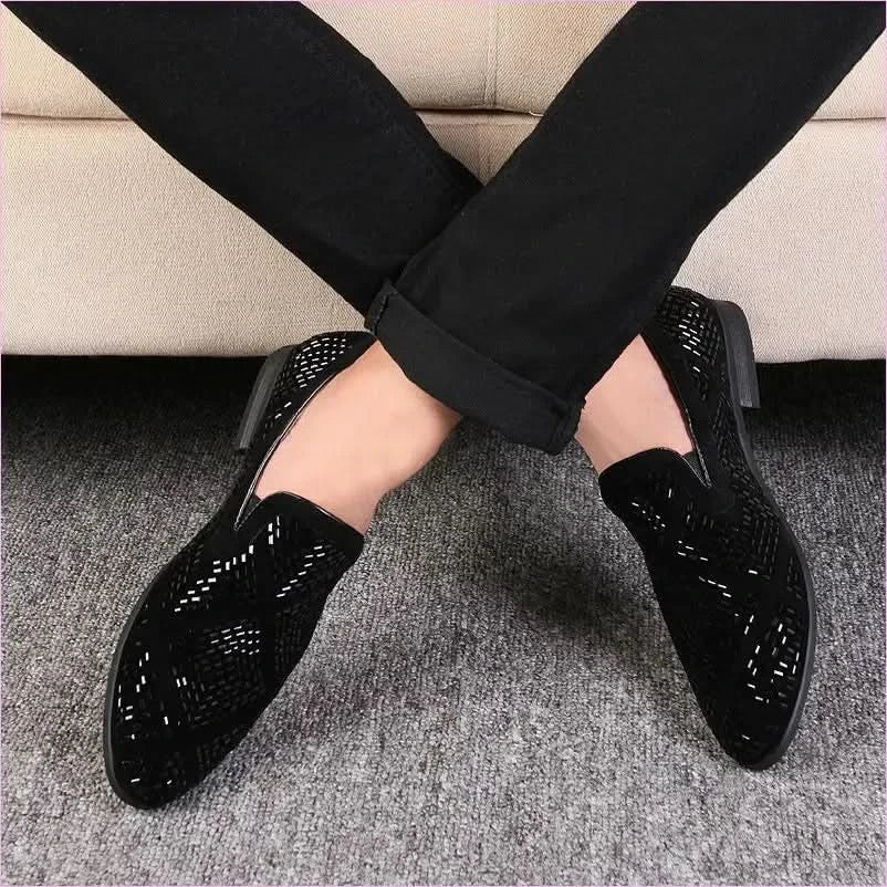 Stylish Black Velvet Loafers with Geometric Cutouts and Gold Accents - Pleasures and Sins