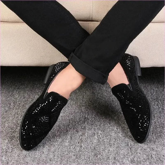 Stylish Black Velvet Loafers with Geometric Cutouts and Gold Accents - Pleasures and Sins
