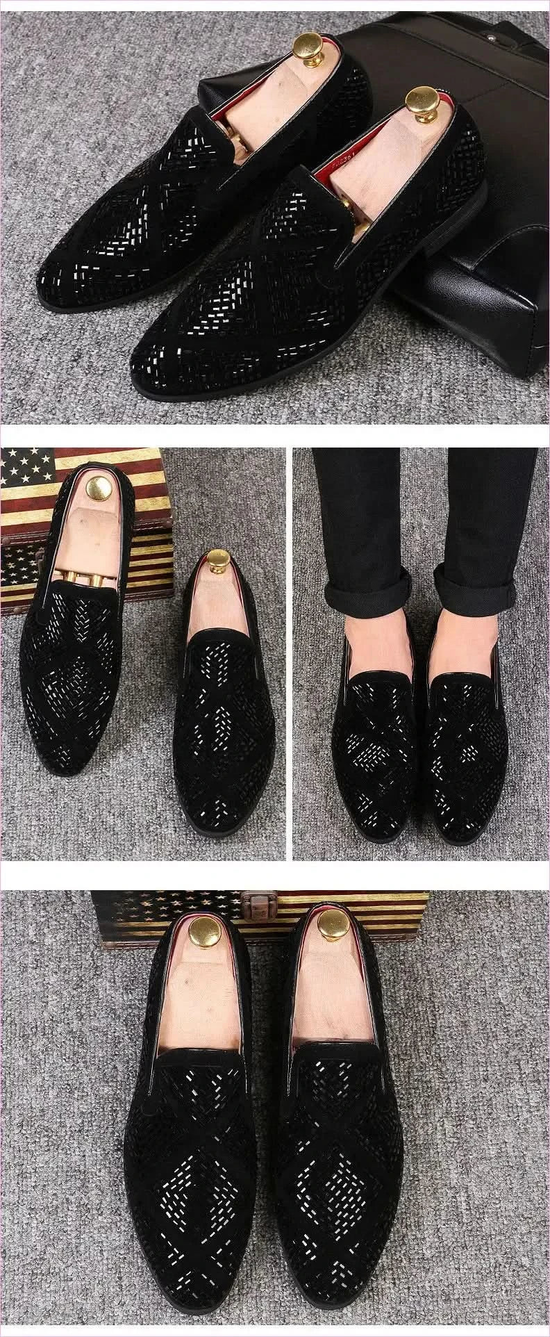 Stylish Black Velvet Loafers with Geometric Cutouts and Gold Accents - Pleasures and Sins