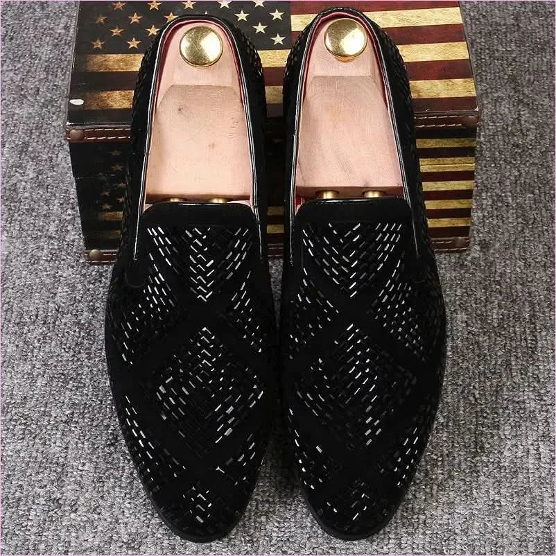 Stylish Black Velvet Loafers with Geometric Cutouts and Gold Accents - Pleasures and Sins