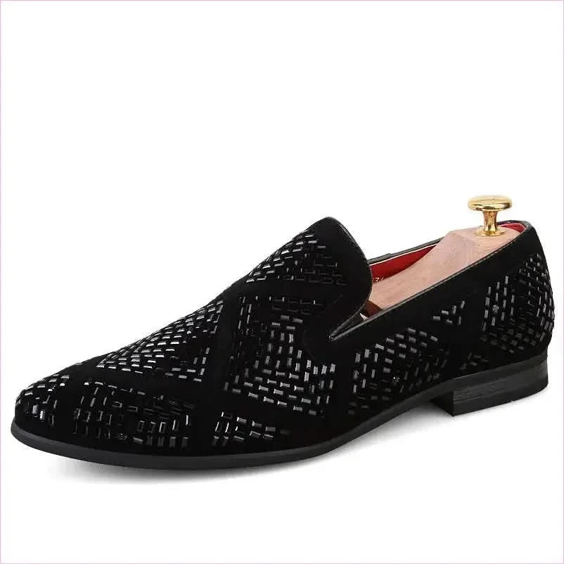 Stylish Black Velvet Loafers with Geometric Cutouts and Gold Accents - Pleasures and Sins