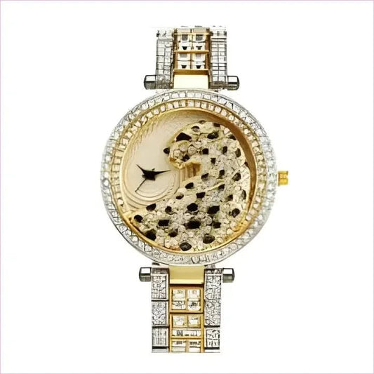 Stylish Gold Quartz Watch with Crystal Bling and Leopard Print Design - Pleasures and Sins
