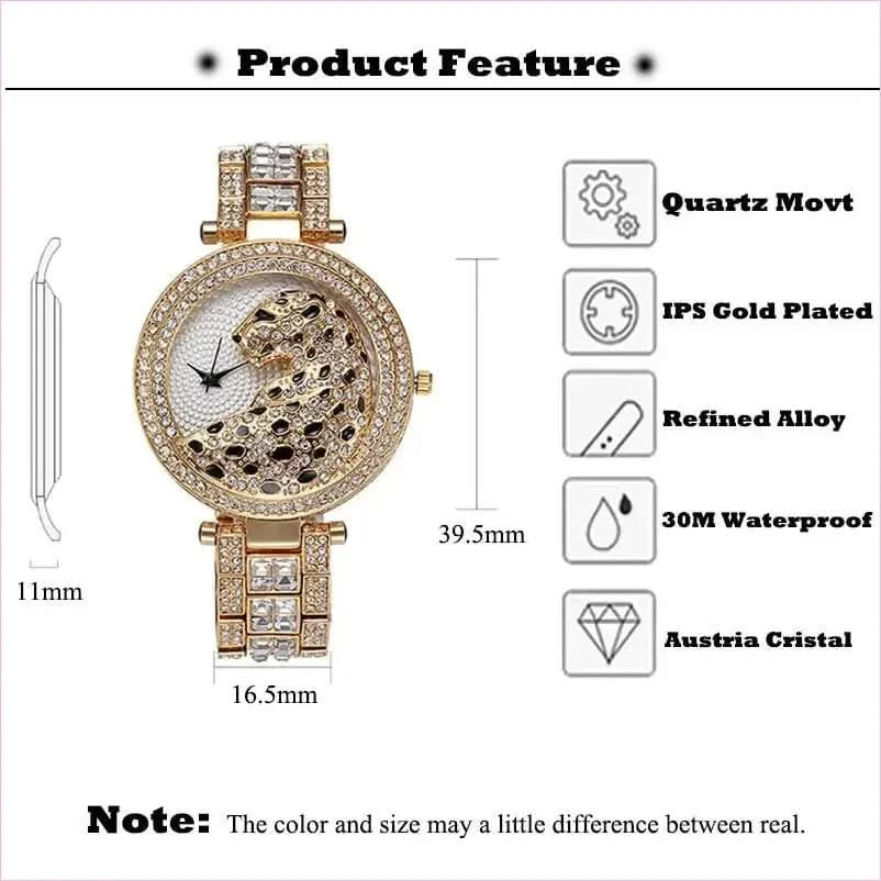 Stylish Gold Quartz Watch with Crystal Bling and Leopard Print Design - Pleasures and Sins
