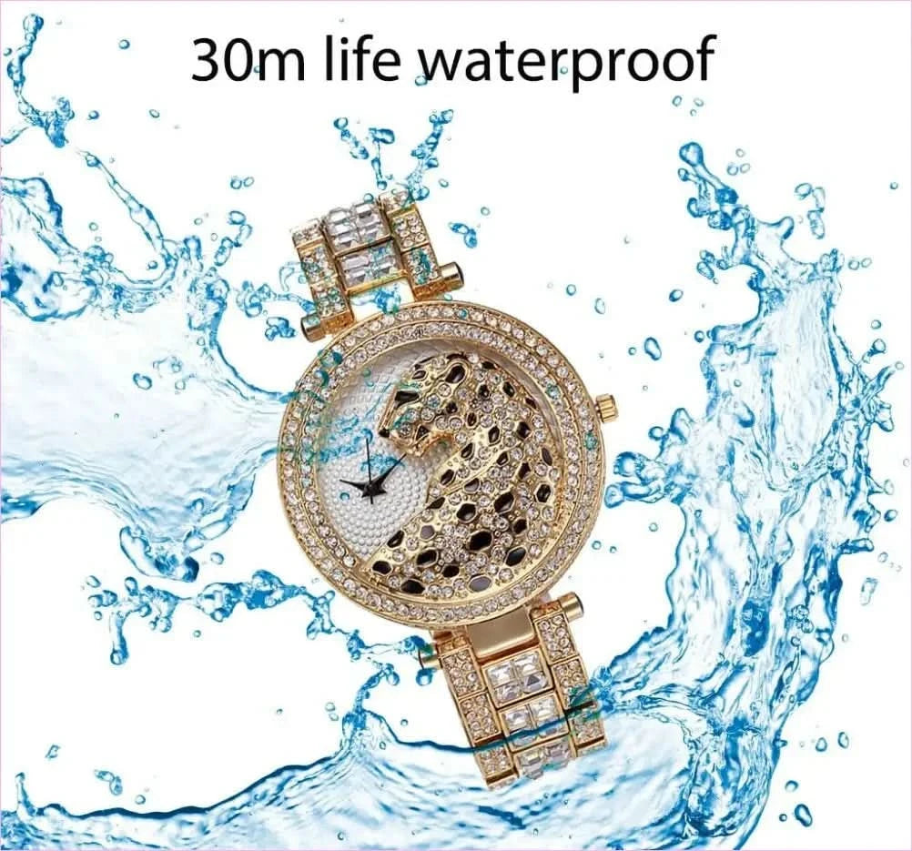 Stylish Gold Quartz Watch with Crystal Bling and Leopard Print Design - Pleasures and Sins