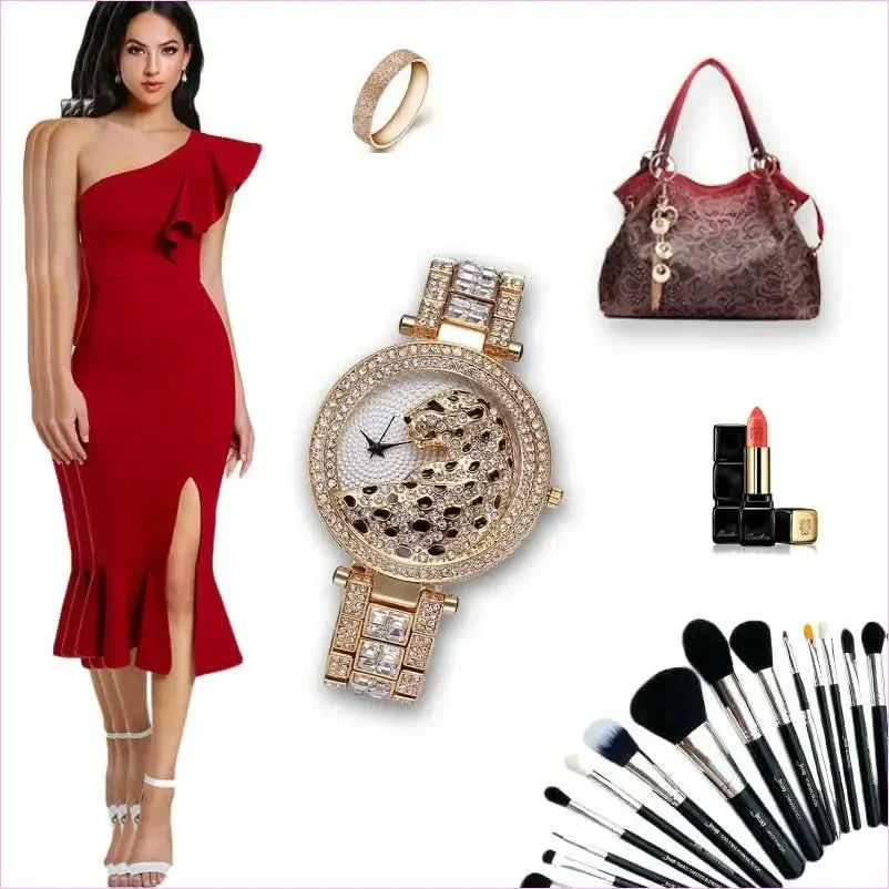 Stylish Gold Quartz Watch with Crystal Bling and Leopard Print Design - Pleasures and Sins